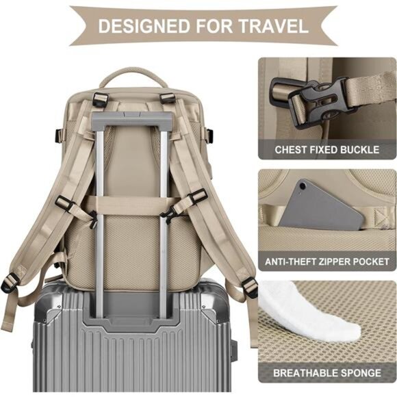 Unisex Large Travel Backpack Waterproof Rucksack Casual Daypack, Khaki - Picture 5 of 6